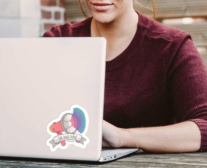 Talk Back Baby! Sticker Etsy Shop. Colorful Megaphone with text ribbon