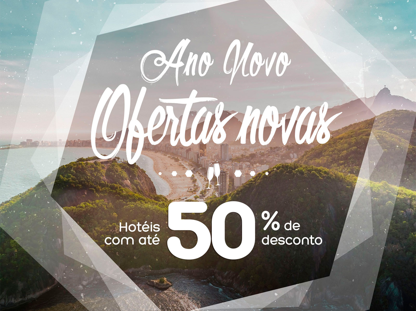 Rio de Janeiro sight, 50% off travel deals, New Years season. Transparent white octagon mask, keyvisual.