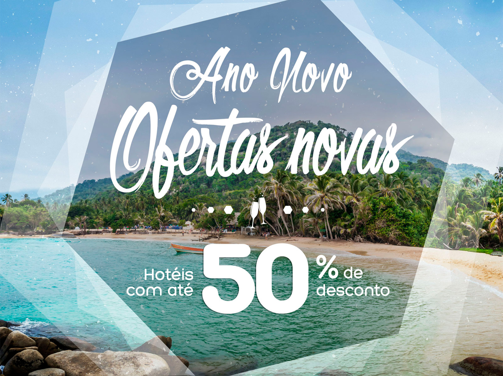 Colombia sight, 50% off travel deals, New Years season. Transparent white octagon mask, keyvisual.