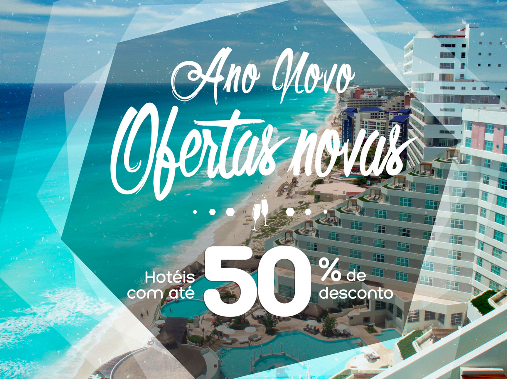 Cancun sight, 50% off travel deals, New Years season. Transparent white octagon mask, keyvisual.
