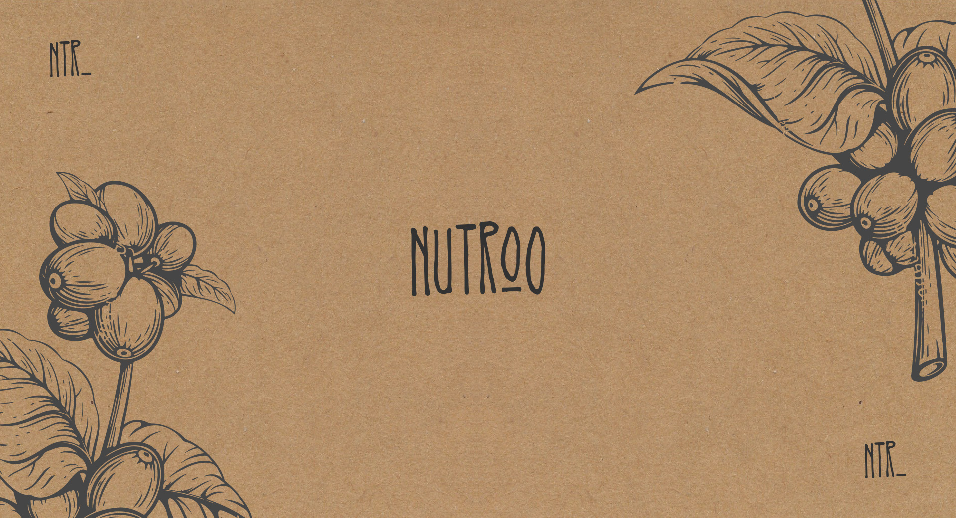 Nutroo logo over a craft paper, surrounded by illustrations of coloured coffee branches.