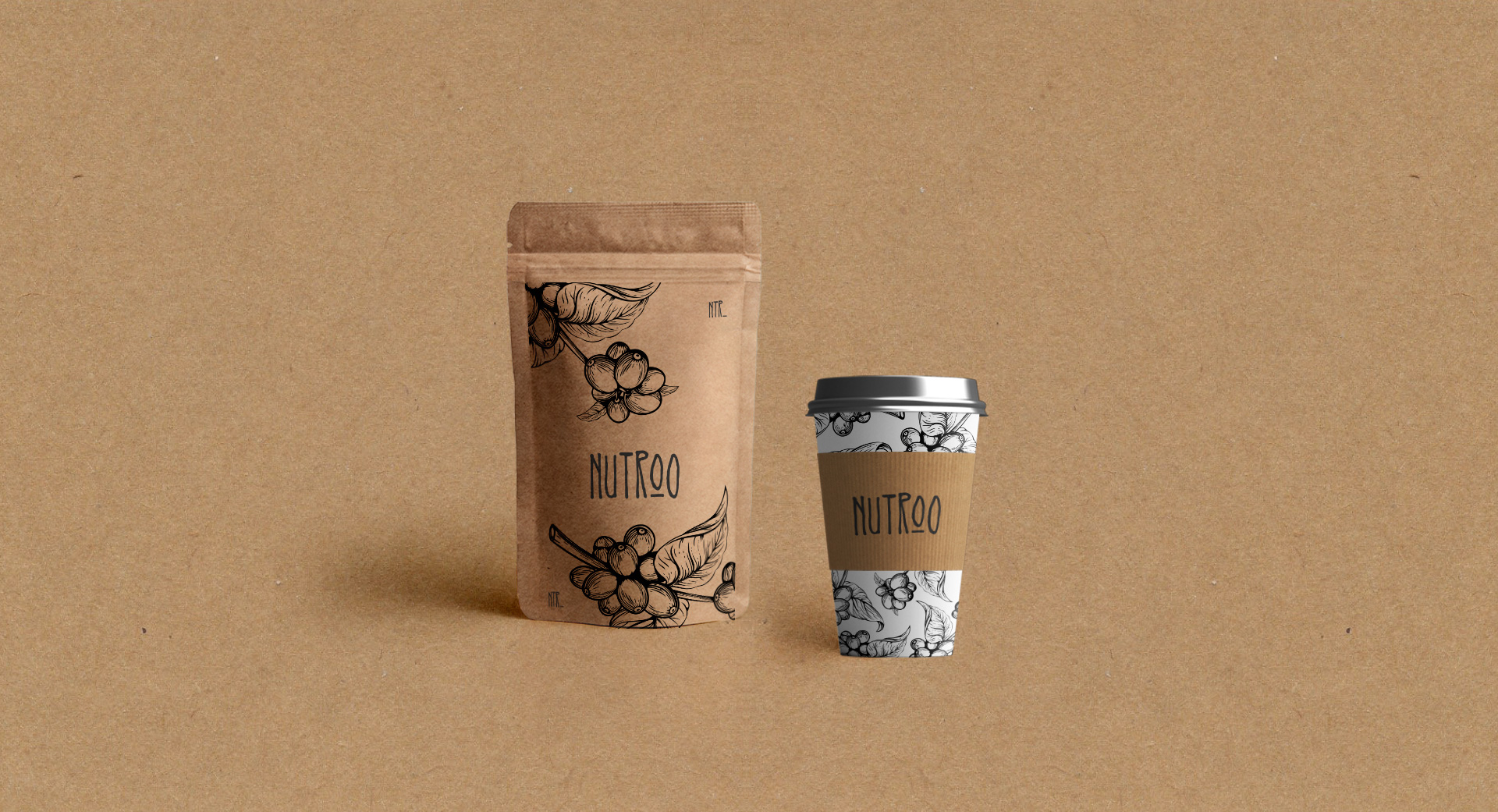 Craft paper coffee packaging mockup, with logo and illustrations. Coffee cup, white, grey illustrations around it.