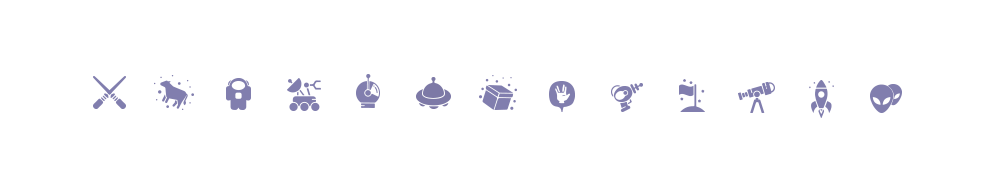 space icons vector. lightsaber icon, abducted cow icon, astronaut icon, rover icon, helmet icon, spaceship icon, UFO icon, box icon, spock hand icon, laser gun icon, flag icon, rocket icon, telescope icon, double alien icon.