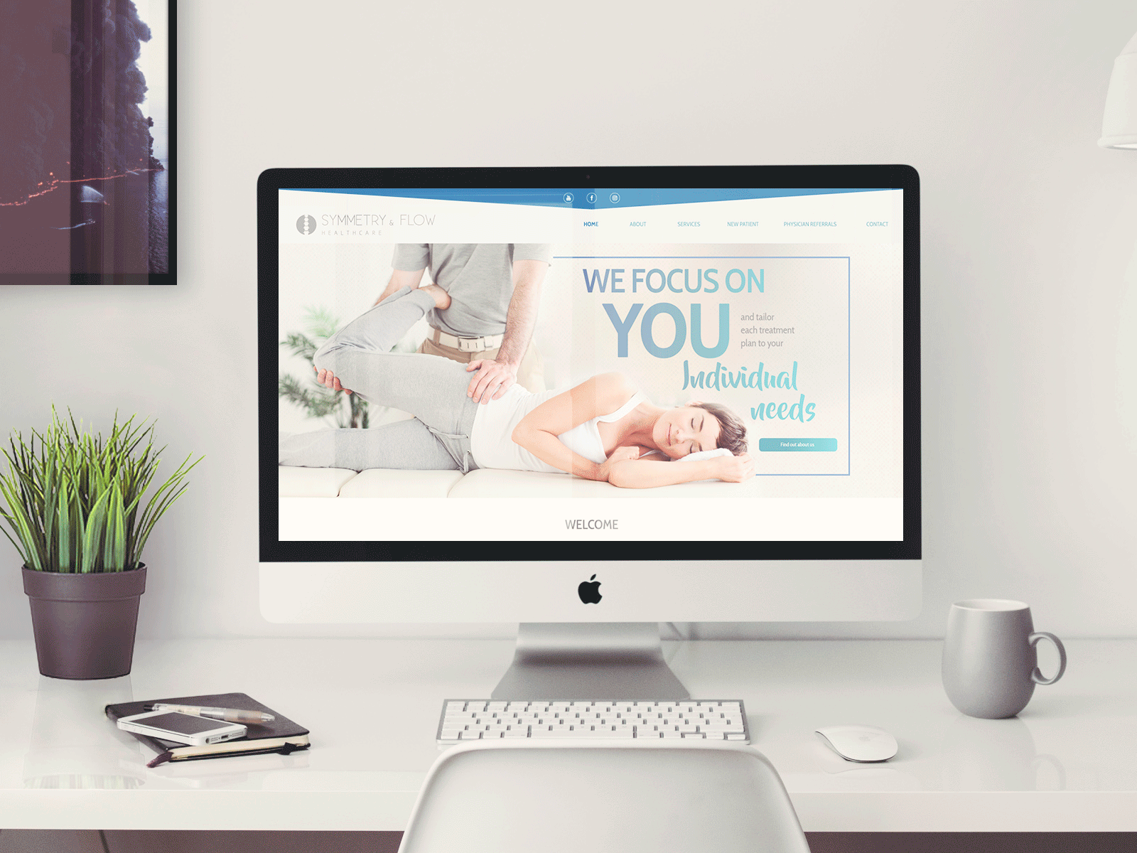 website homepage. slider banner with three slides, with specific text on each one. Wellness programs, healthcare professional. We focus on you, your individual needs. We work with athletes, to reduce risk of injury.