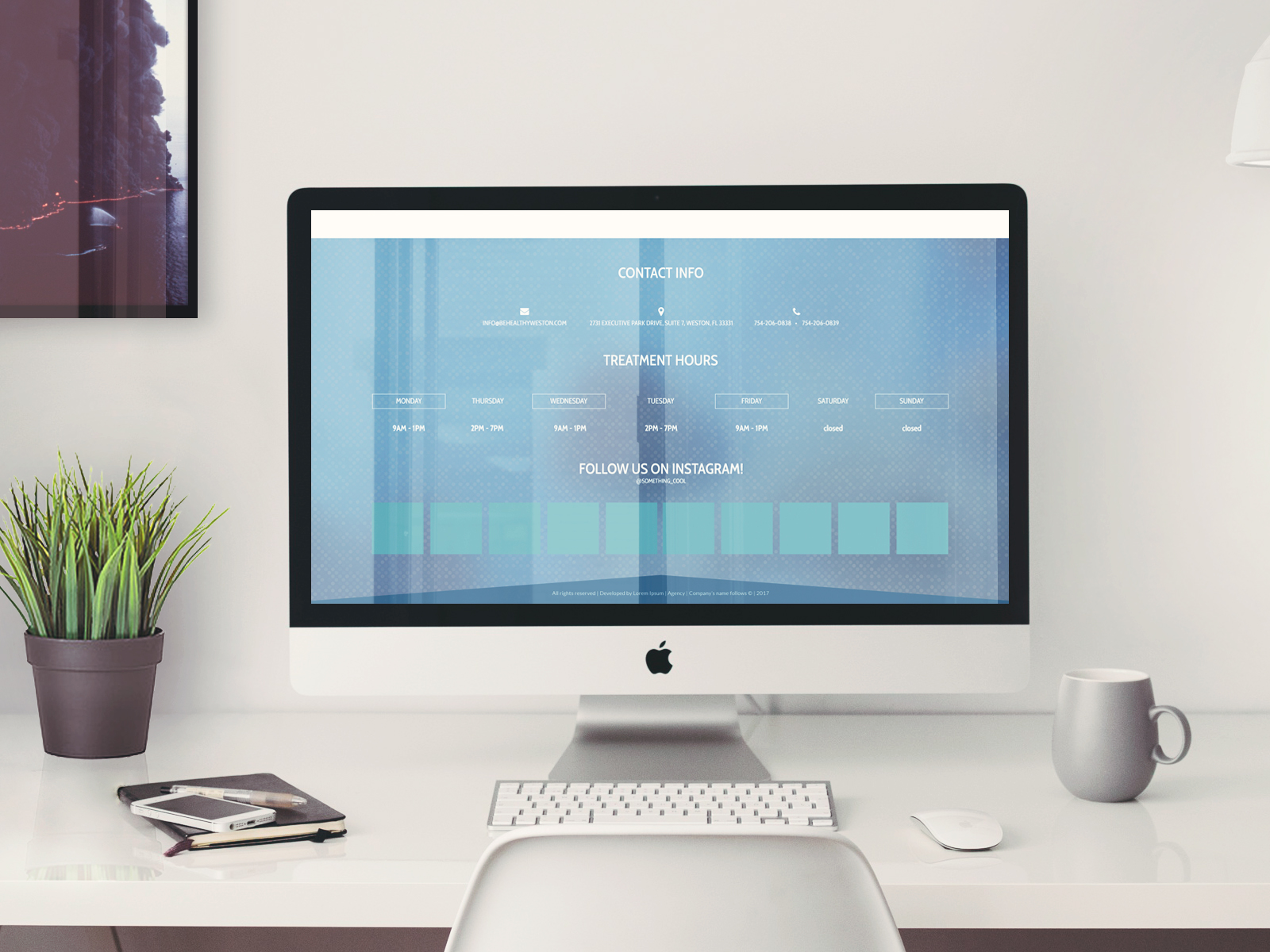 page footer, contact info, treatment hours, instagram feed. website signature.