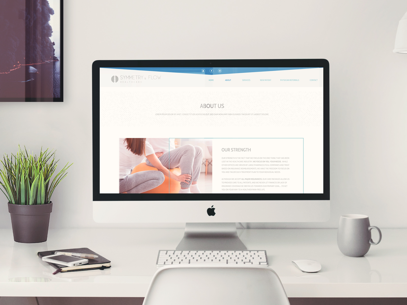 internal page shows about us section. A woman helping a man sitting on a pilates ball.
