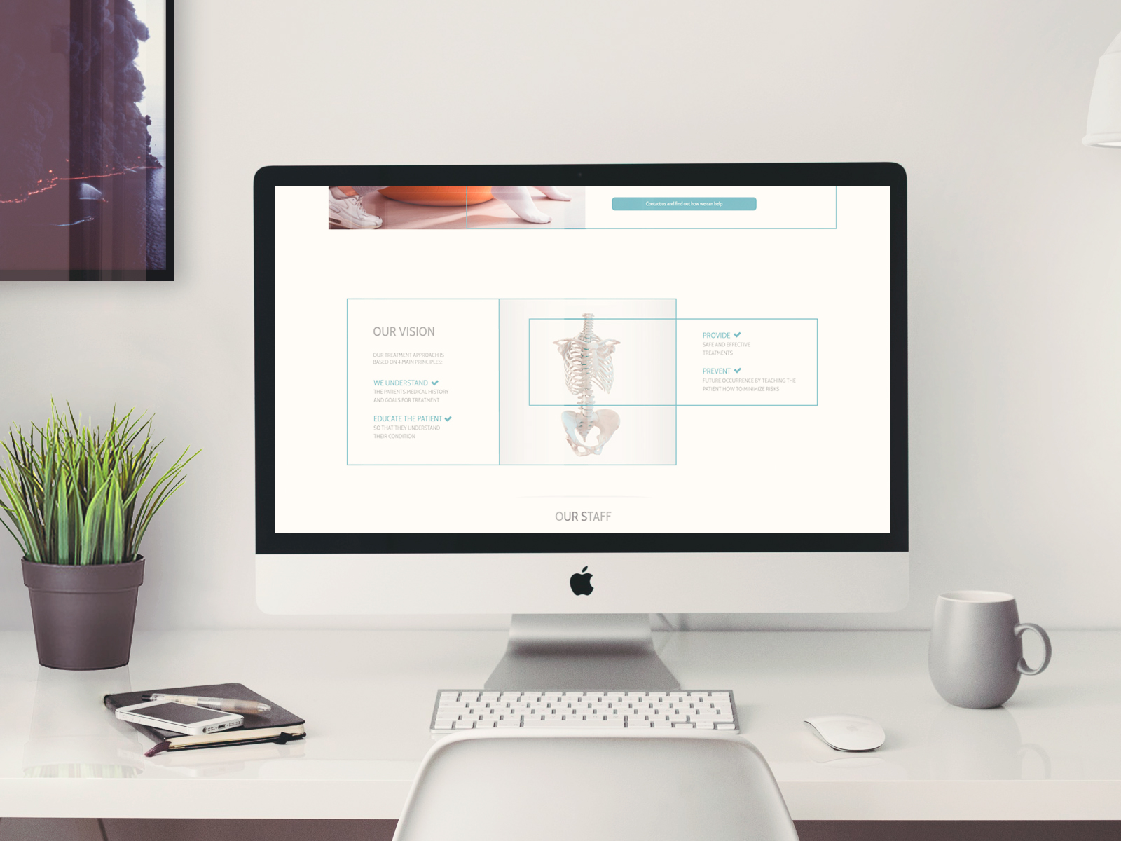 our vision section, shows a skeleton and topics around it to demonstrate the steps to treat the patient.