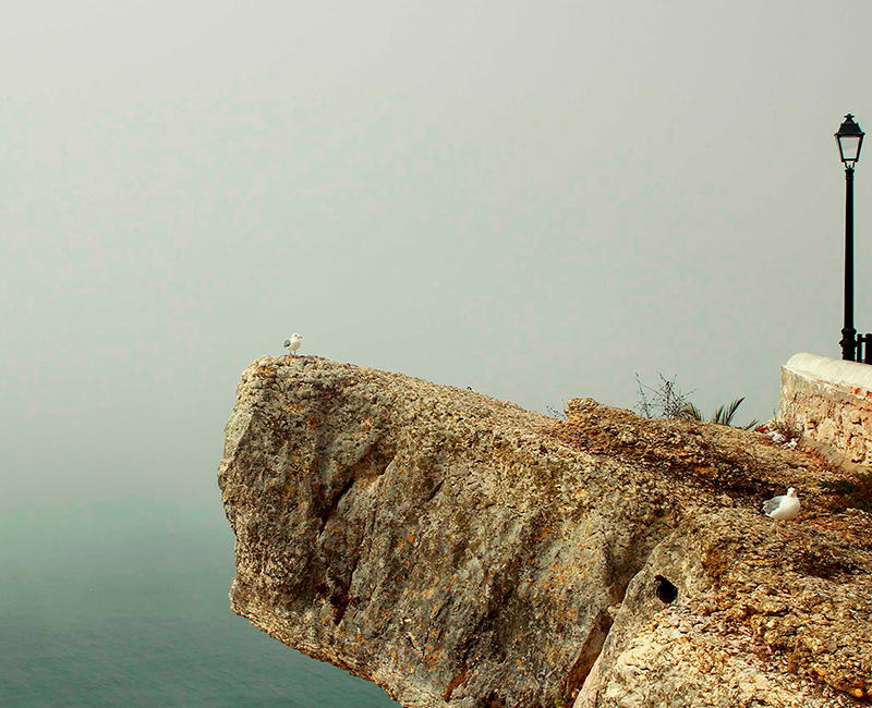 Nazaré, Portugal. Cliff next to ocean, Light lamp and seagull. Fog in the distance.
